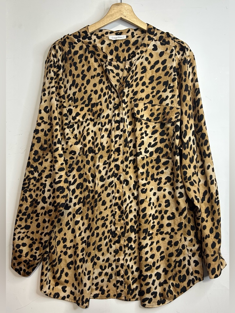 Calvin Klein Leopard Print Button-Down Shirt in Tan and Black